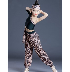 Girls kids zebra printed latin ballroom dance dress modern dance costumes gogo dancers salsa rumba chacha dance shirts and pants for kids